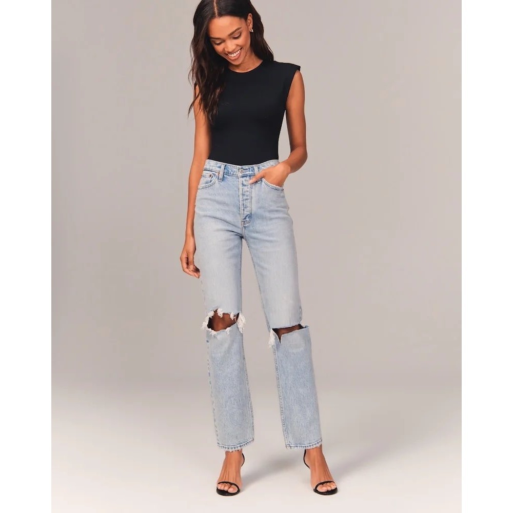 Abercrombie Fitch The Dad High Rise Straight Leg Jeans‎ Light Wash Distressed